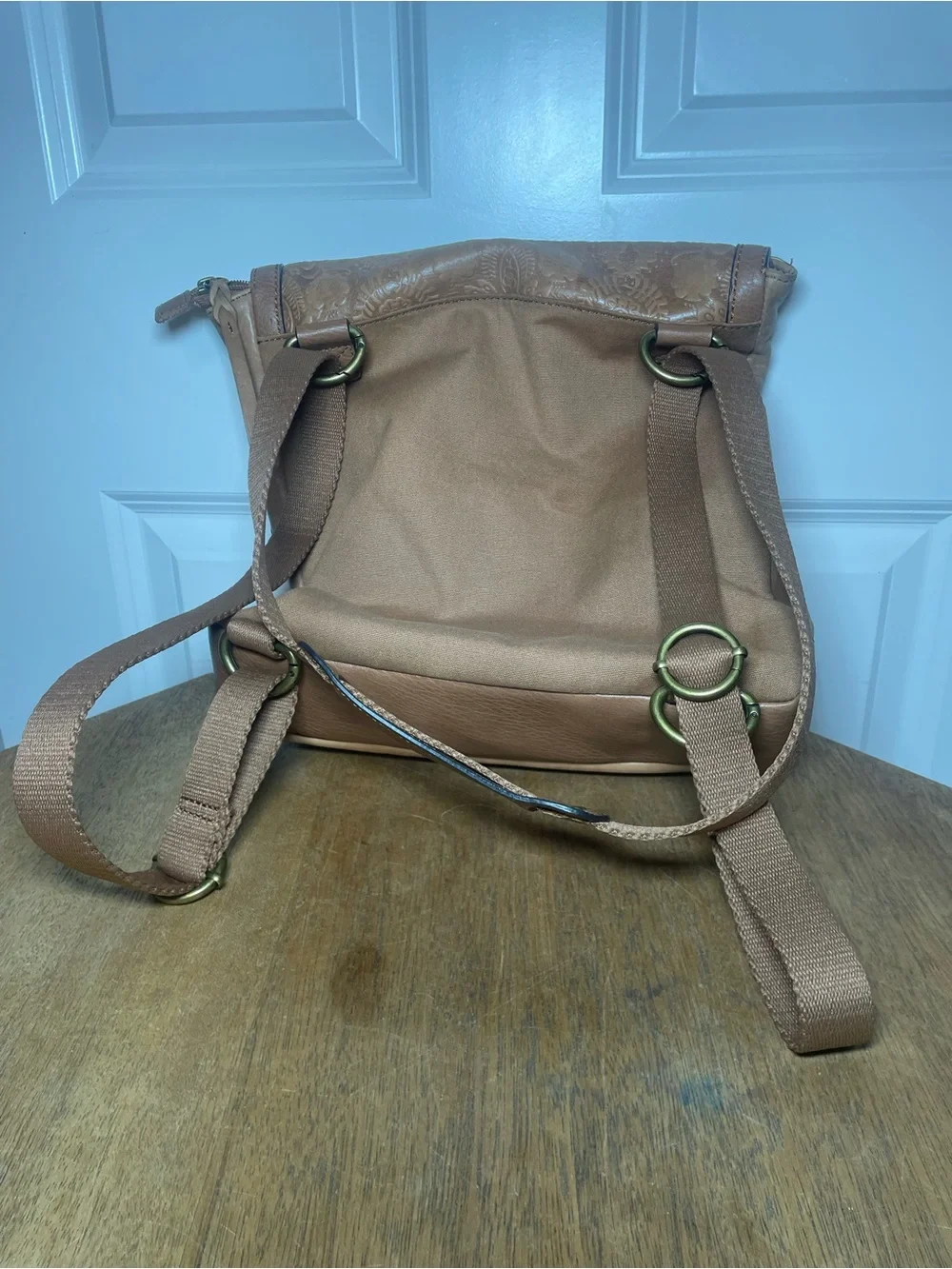 The Sak Leather Backpack Purse Brown Embossed Convertible Crossbody Boho